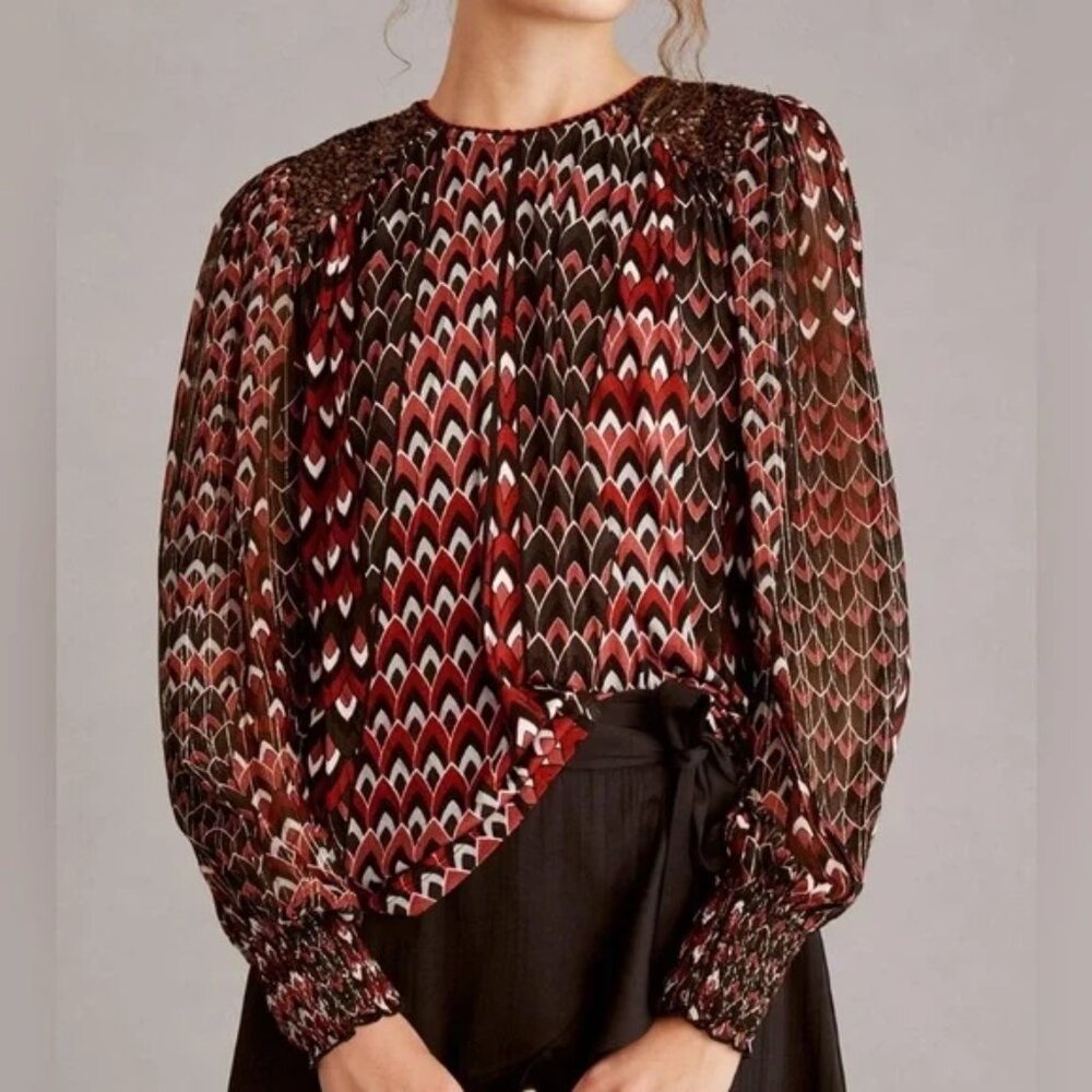 Anthropologie Bl-nk Sequin-Embellished Blouse Red Black Zig Zag Chevron Top